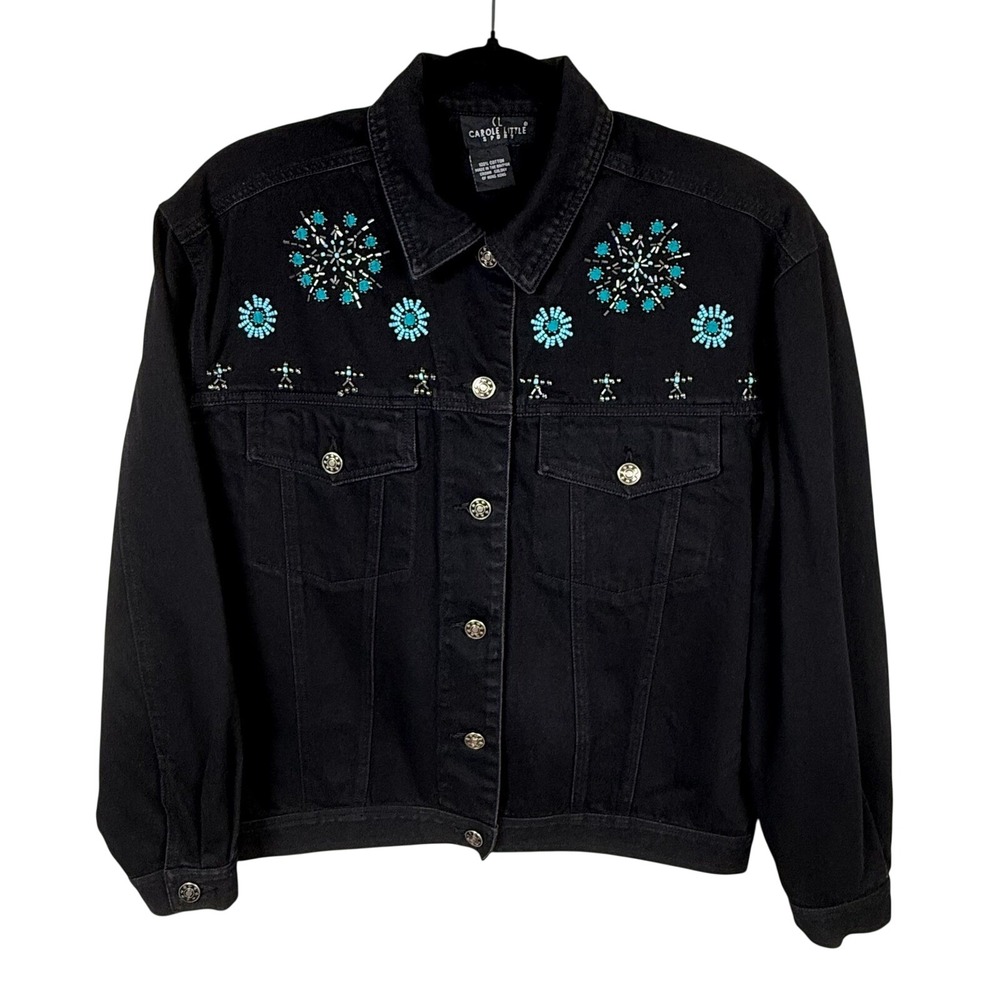 Carole Little Sport Vintage Black Beaded Denim Jacket Southwestern Turquoise XL